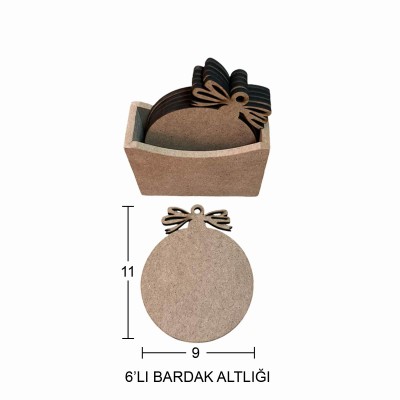 Yuvarlak Fiyonklu Bardak Altlığı 6'lı Ahşap Obje