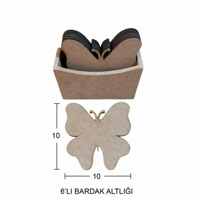 Kelebek Bardak Altlığı 6'lı Ahşap Obje